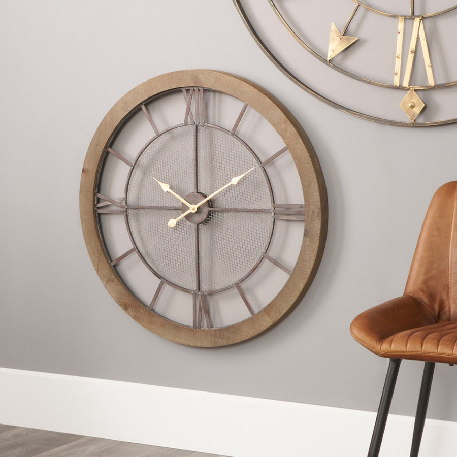 Natural Wood Black Mesh Round Wall Clock 80Cm Sterling Home 2