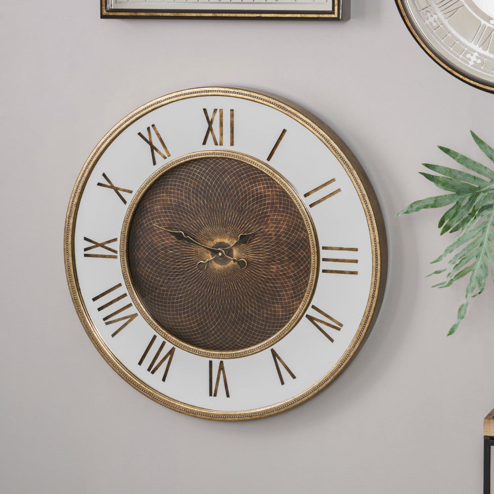 Antique Gold Wood and Geo Print Mirror Wall Clock Sterling Home 1
