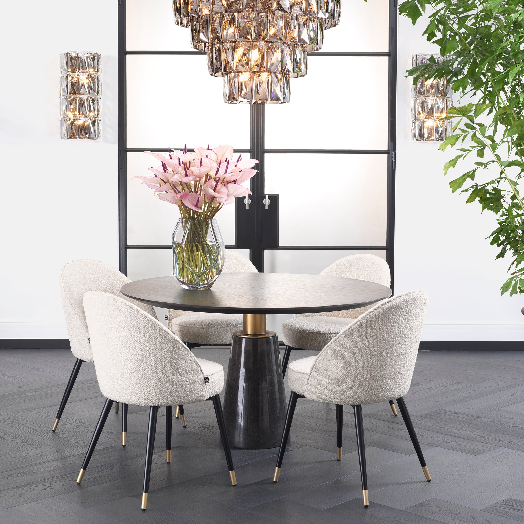 Eichholtz Genova Round Dining Table Grey Marble Mocha Straight Oak Veneer Brushed Brass Finish - Round Dining Table Grey Marble Mocha Straight Oak Veneer Brushed Brass Finish Dining Tables Sterling Home 2