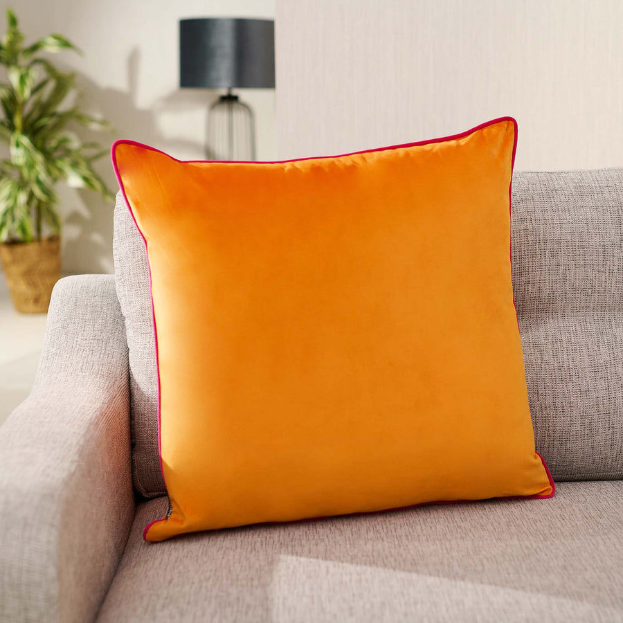 Meridian Velvet Orange And Pink Square Cushion - DISC Meridian Velvet Piped 55cmx55cm Cushion Clemtn/HotPink Accessories Sterling Home 1
