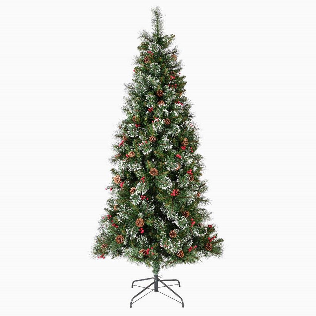 Decorative Christmas tree with green needles, red berries, and pinecones on a white background