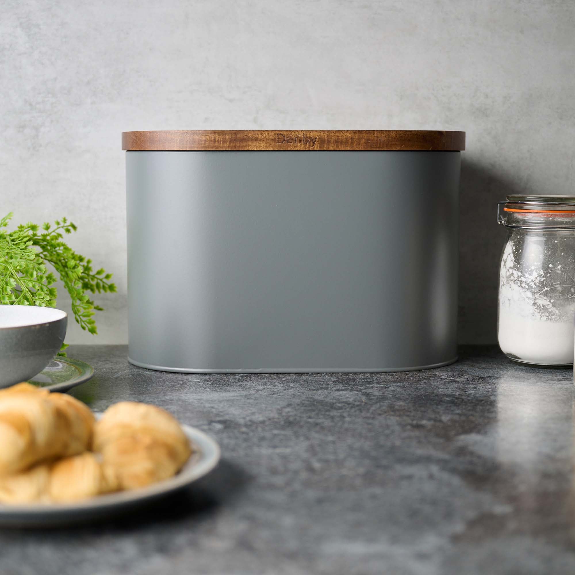 Denby Acacia Lid Grey Bread Bin - Denby Bread Bin With Acacia Lid Grey Accessories Sterling Home 1
