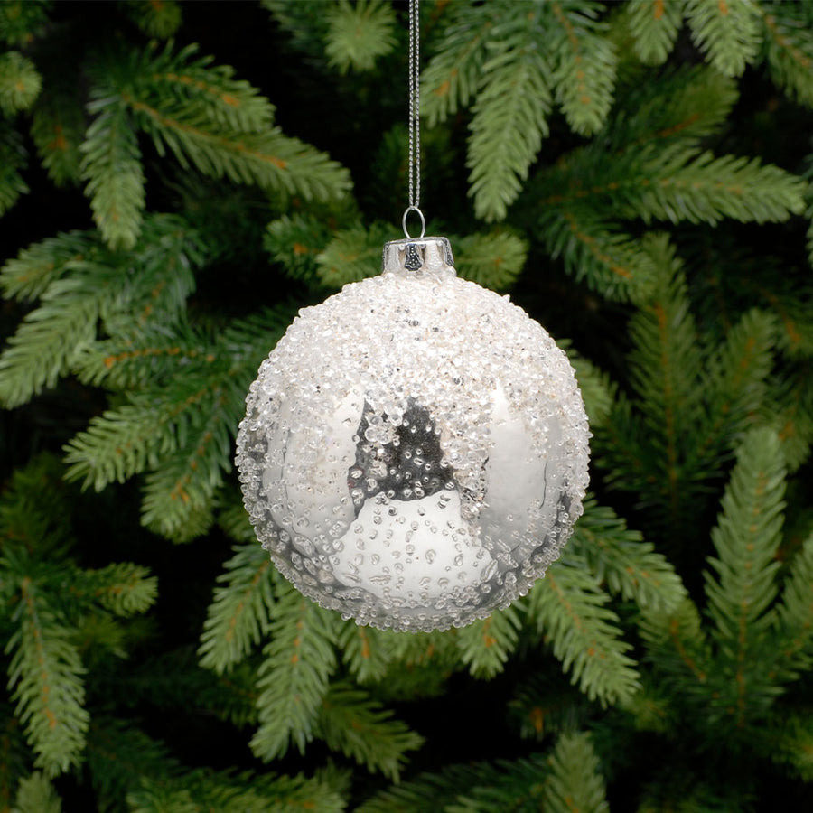 Encrusted Snow Top Silver Glass Bauble - XMAS 10Cm Glass Silver Ball With Snow Encrusted Top Accessories Sterling Home 1
