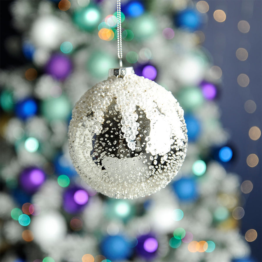 Encrusted Snow Top Silver Glass Bauble - XMAS 10Cm Glass Silver Ball With Snow Encrusted Top Accessories Sterling Home 2