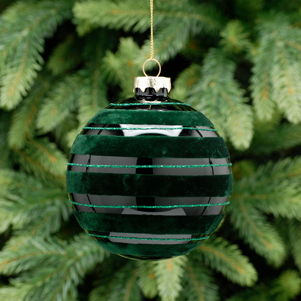 Flocked Emerald Green Striped Glass Bauble - XMAS 10Cm Emerald Green With Flocked Lines Glass Ball Accessories Sterling Home 1