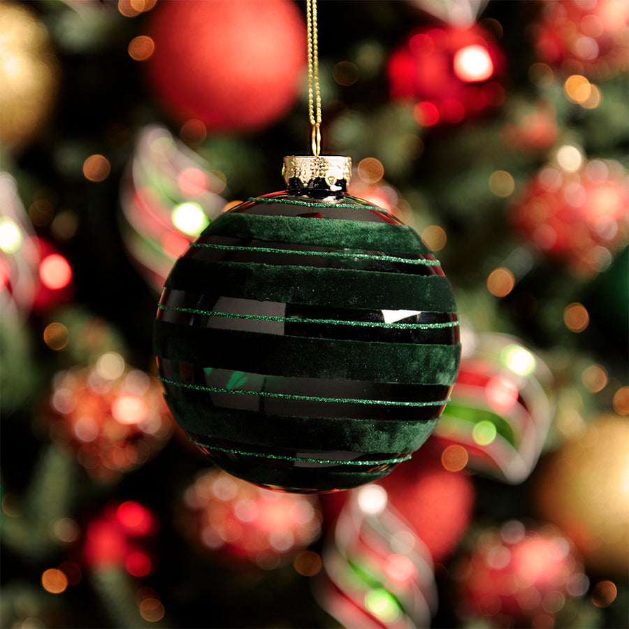 Flocked Emerald Green Striped Glass Bauble - XMAS 10Cm Emerald Green With Flocked Lines Glass Ball Accessories Sterling Home 2