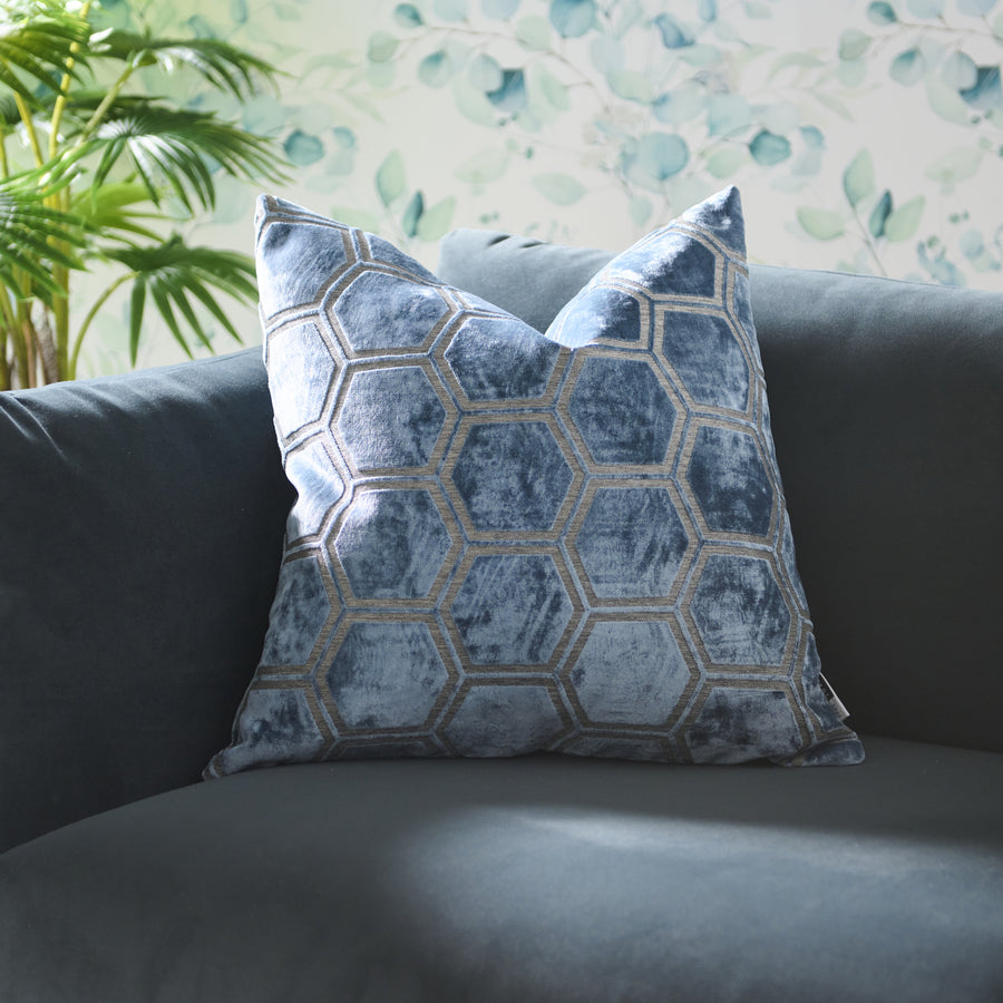 Ivor Hexagon Velvet Blue Square Cushion - Ivor Hex Cut Velvet Sq Cushion Blue 56CM Accessories Sterling Home 1