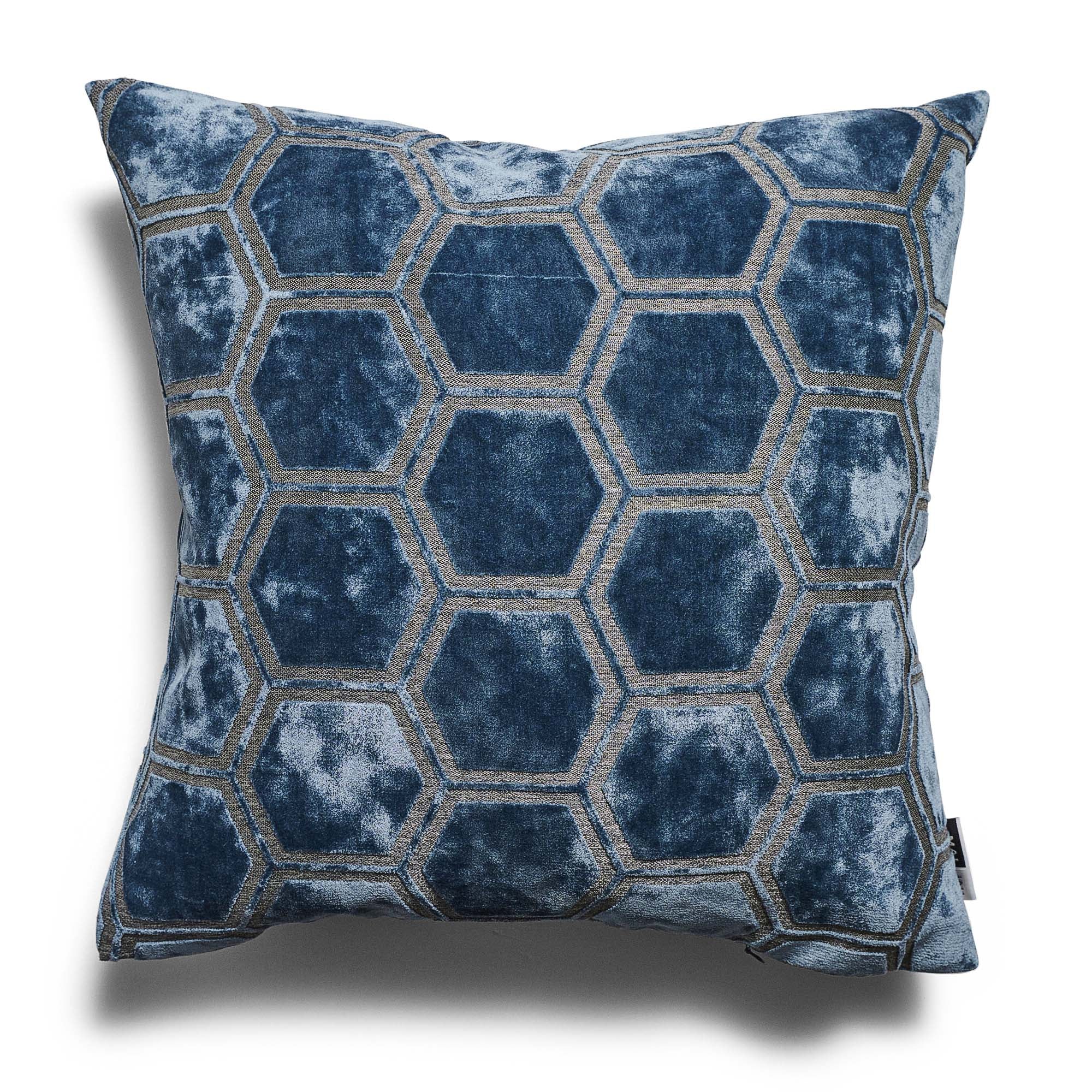 Ivor Hexagon Velvet Blue Square Cushion - Ivor Hex Cut Velvet Sq Cushion Blue 56CM Accessories Sterling Home 2