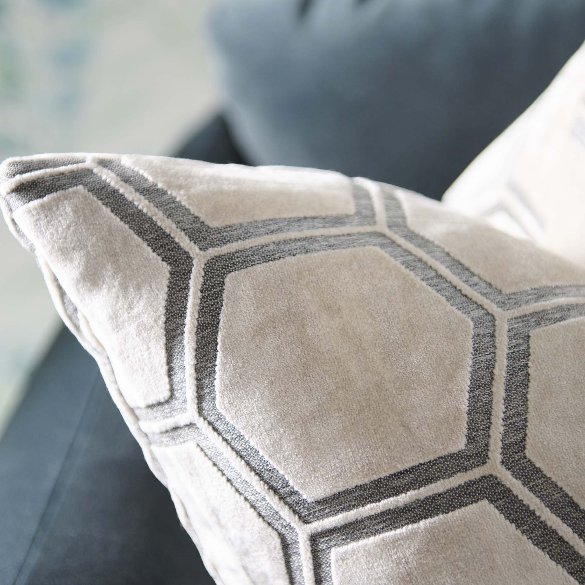 Ivor Hexagon Velvet Cream Square Cushion - Ivor Hex Cut Velvet Sq Cushion Cream 56CM Accessories Sterling Home 4