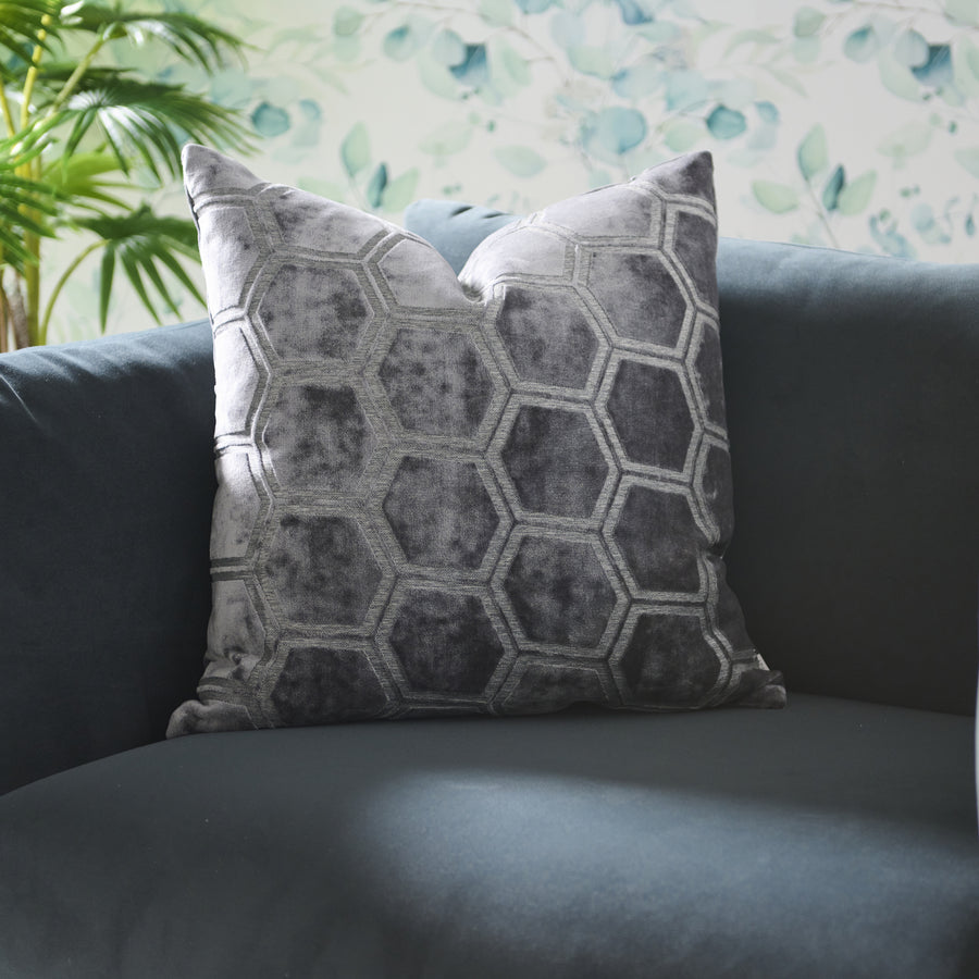 Ivor Hexagon Velvet Grey Square Cushion - Ivor Hex Cut Velvet Sq Cushion Slate 56CM Accessories Sterling Home 1