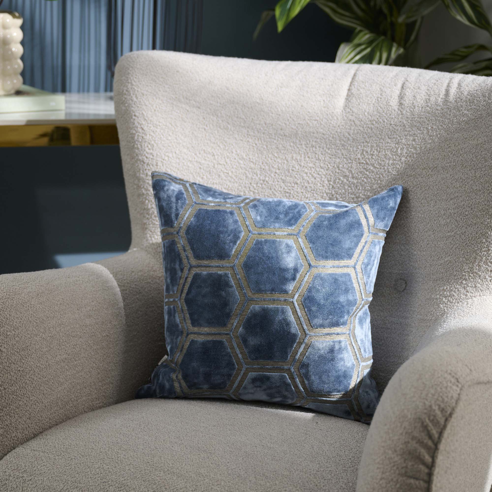 Ivor Hexagon Velvet Blue Square Cushion - Ivor Blue Cushion 43x43CM Accessories Sterling Home 1
