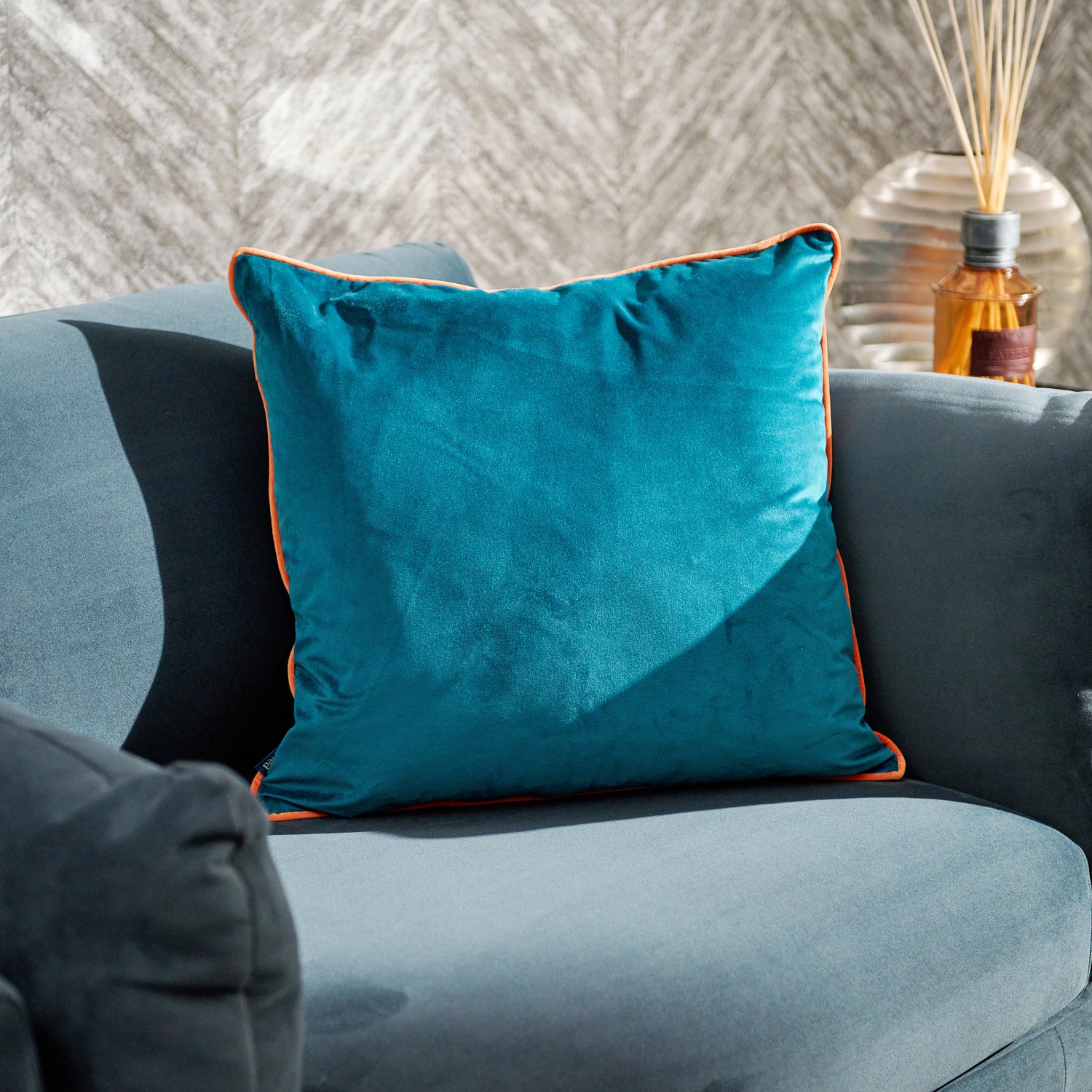 Meridian Velvet Blue And Orange Square Cushion - DISC Meridian SQ Cushion Teal & Tiger Poly filled Accessories Sterling Home 1