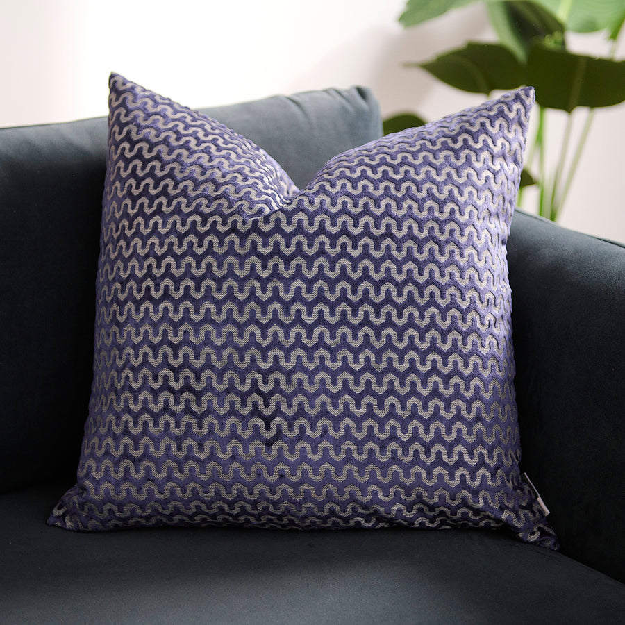 Oslo Velvet Wave Dark Blue Square Cushion - Cut Velvet Oslo 56X56 Cushion Navy Accessories Sterling Home 1