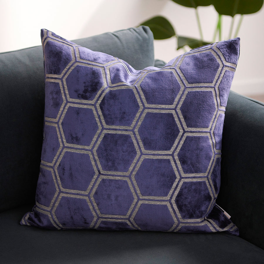 Ivor Hexagon Velvet Blue Square Cushion - Cut Velvet Ivor 56X56 Cushion Navy Accessories Sterling Home 1
