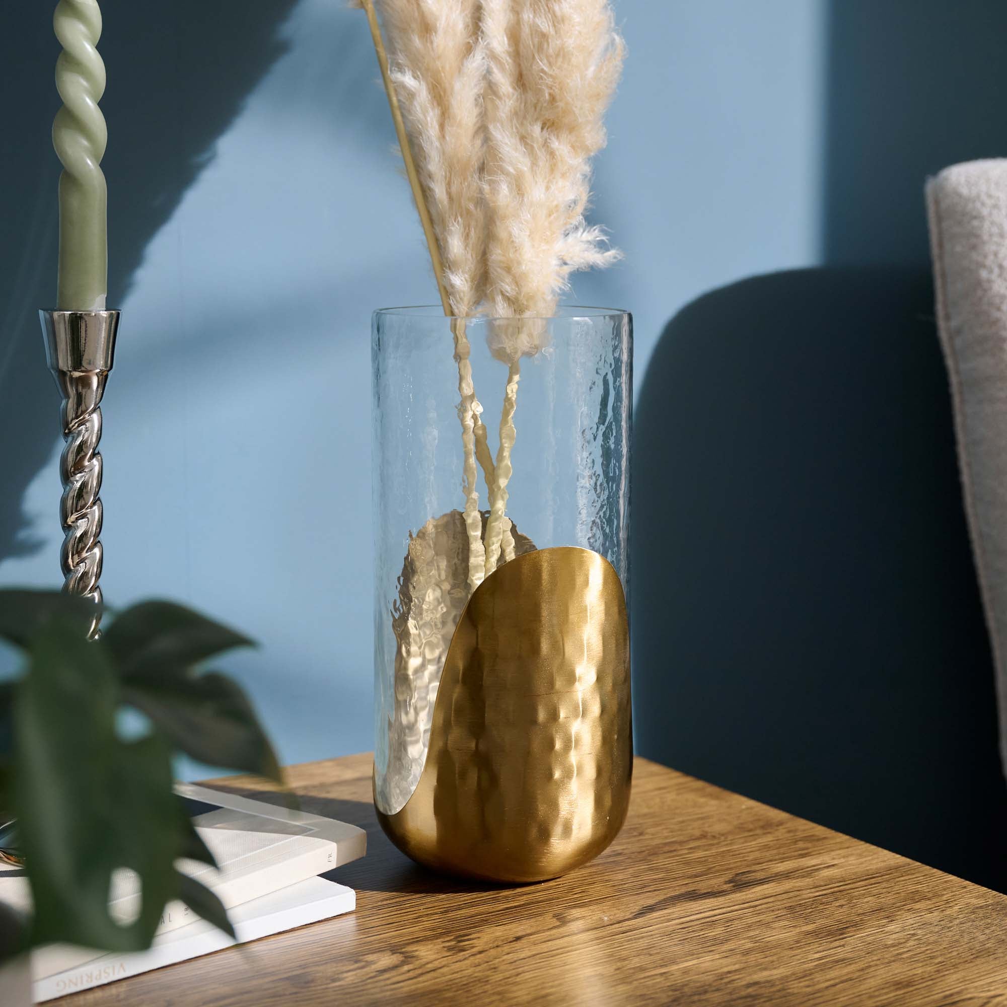 Glass Candle Holder With Gold Hammered Detail - DISC Gold & Glass Candle Holder Accessories Sterling Home 1