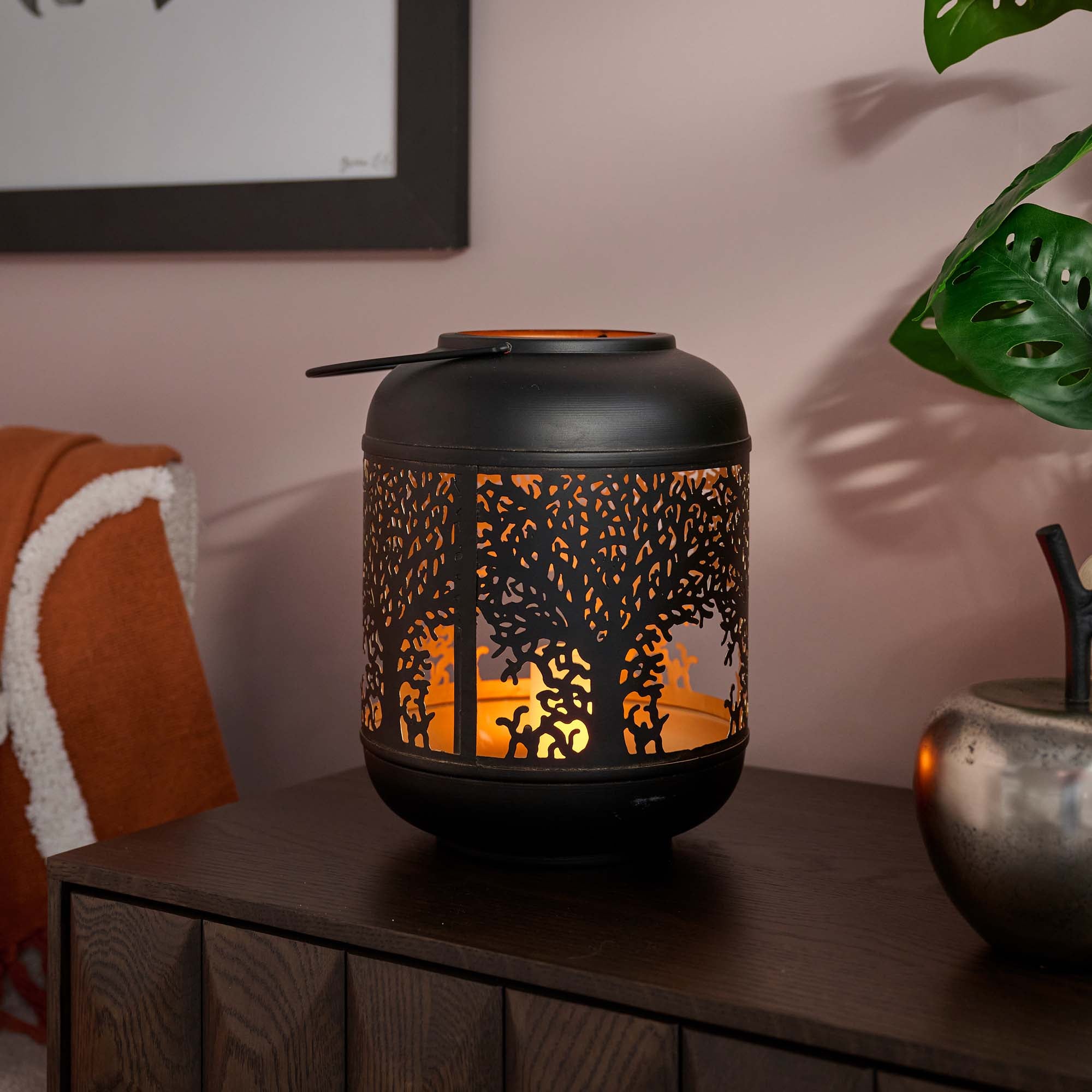 Tree Cutout Black Lantern - DISC Tree Cutout 26CM Lantern Black Accessories Sterling Home 1