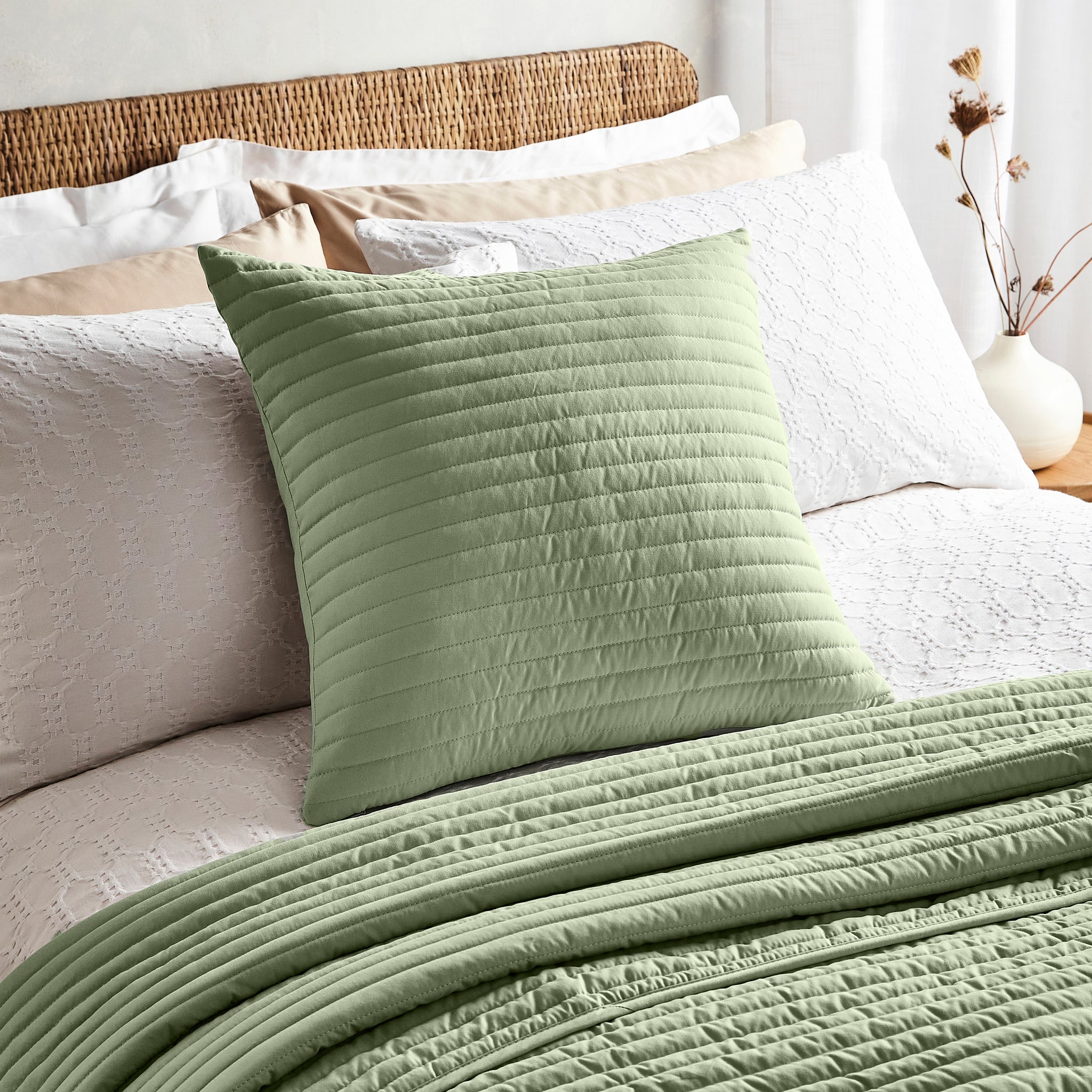 Quilted Lines Green Square Cushion - DISC Quilted Lines Cushion Sage 55x55CM Accessories Sterling Home 1