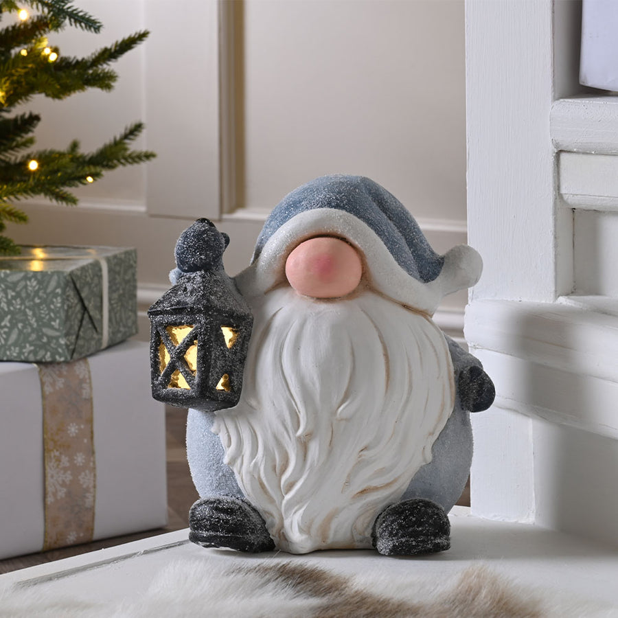 Gonk with Blue Hat and Lantern Battery Operated - L Lit BO Ceramic Gonk In Blue Hat Latern 27CM Accessories Sterling Home 1