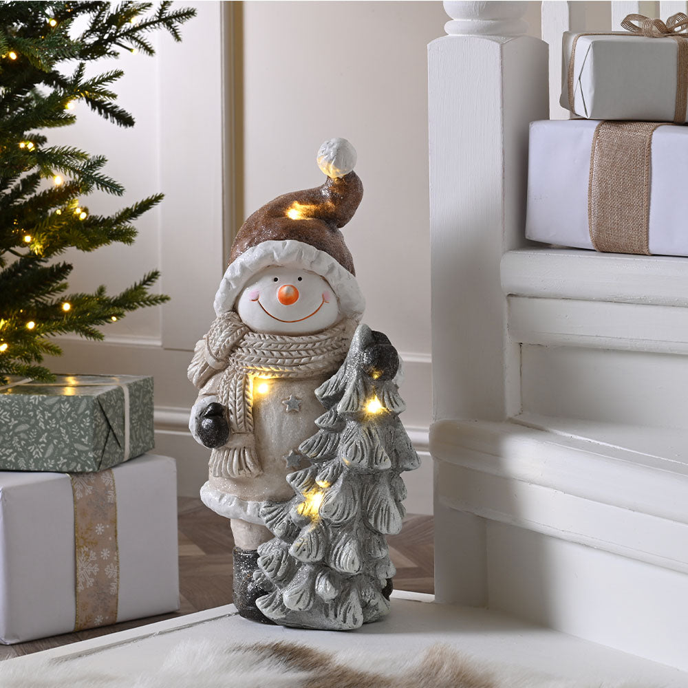 Tree & Snowman With Brown Hat Battery Operated - C Lit BO Ceramic Snowman In Brown Hat Tree 43CM Accessories Sterling Home 1