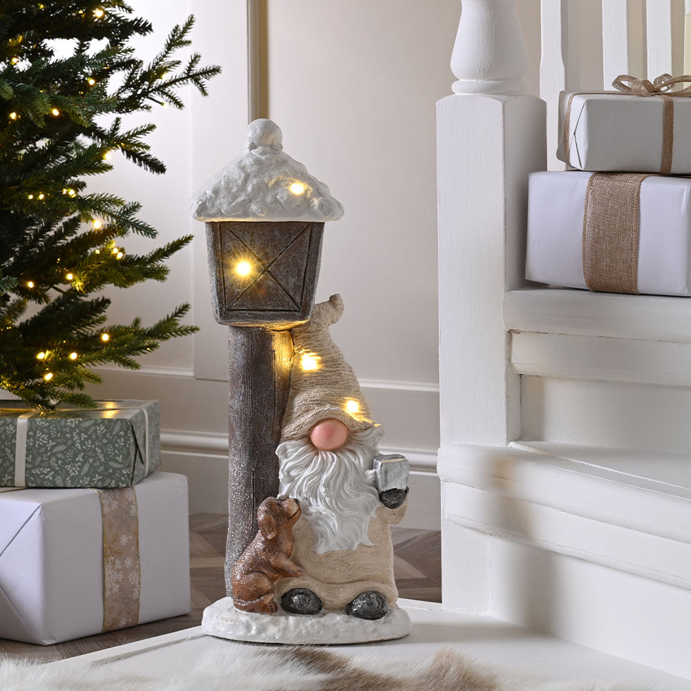 Cream Gonk with Lap Post Battery Operated - S Lit BO Ceramic Cream Gonk With Lamp Post 50CM Accessories Sterling Home 1