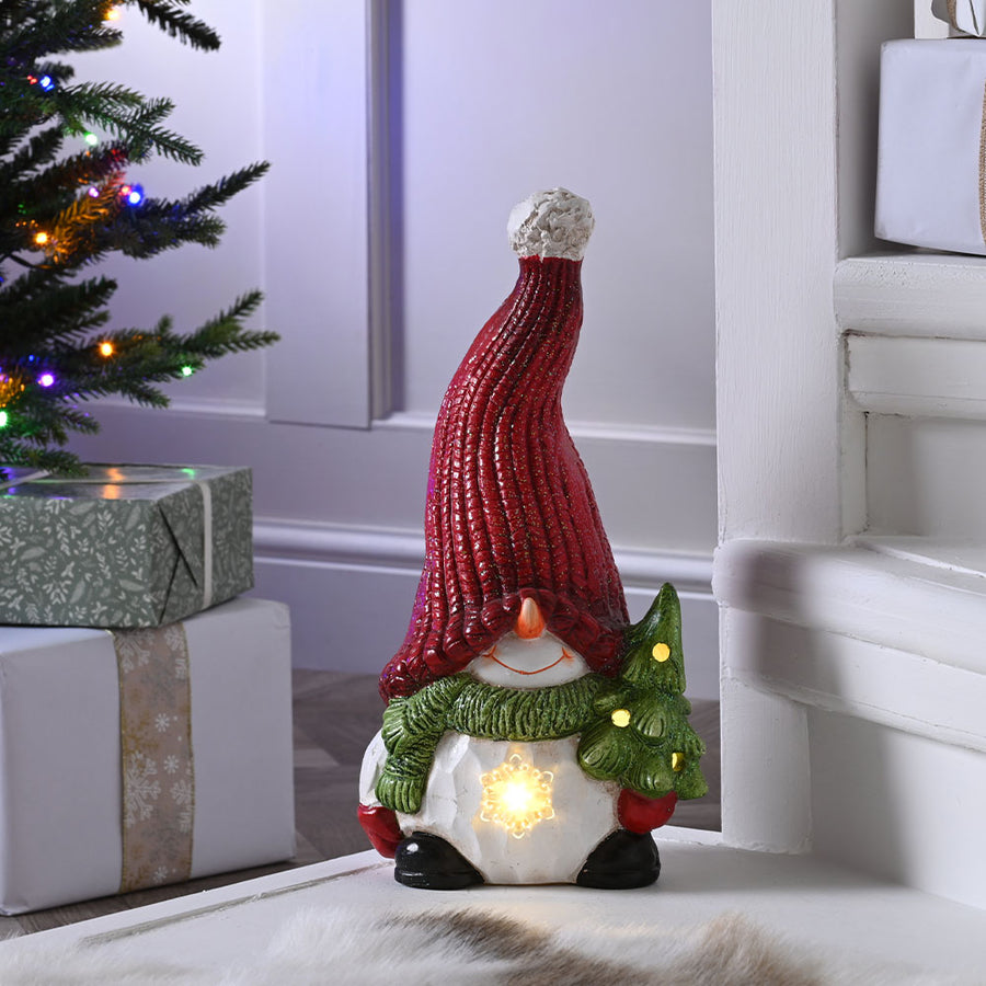 Small Gonk With Red Hat & Tree Battery Operated - C Lit BO Ceramic Gonk With Red Hat And Tree 38CM Accessories Sterling Home 1