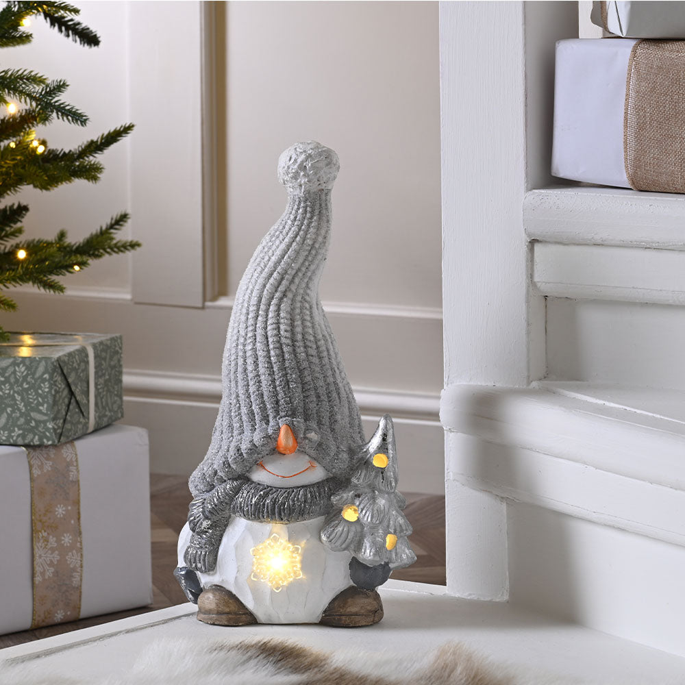 Gonk With Grey Hat & Tree Battery Operated - L Lit BO Ceramic Gonk With Grey Hat And Tree 38CM Accessories Sterling Home 1
