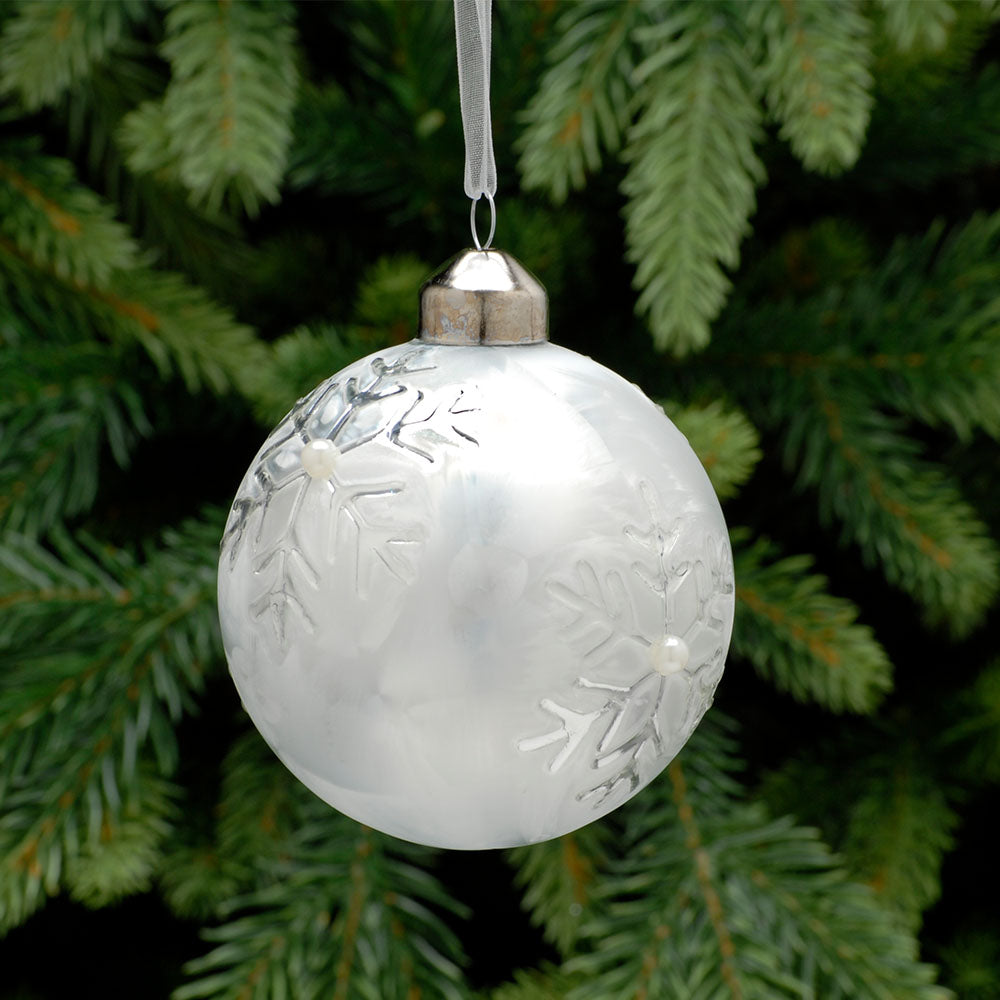 Snowflake Frosted White Silver Glass Bauble - L Frost Snowflake Glass Bauble White Silver 8CM Accessories Sterling Home 1