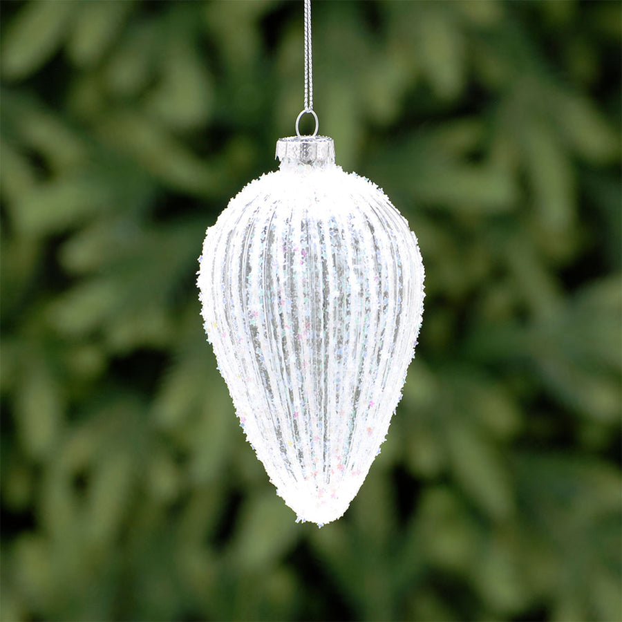 Glitter White Drop Glass Bauble - L White Glass Glitter Drop Bauble 11CM Accessories Sterling Home 1