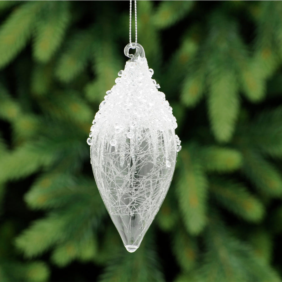 Snow White Olive Glass Bauble - L White Snow Glass Olive Bauble 12CM Accessories Sterling Home 1