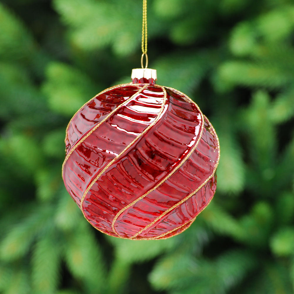Striped Red & Gold Glass Bauble - C Red Gold Lines Glass Bauble 10CM Accessories Sterling Home 1