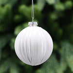 Flocked White Striped Glass Bauble - S White Flock Stripes Glass Bauble 8CM Accessories Sterling Home 1