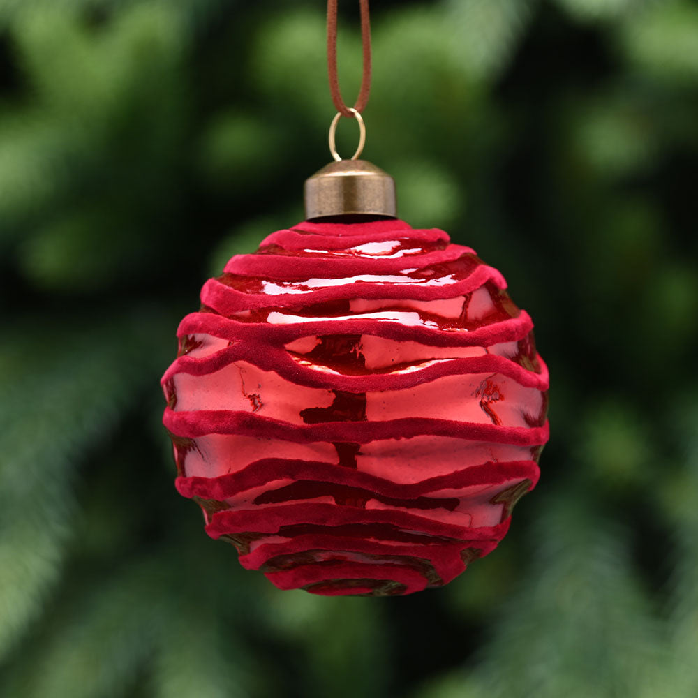 Flocked Stripe Red Glass Bauble - C Red Flocked Lines Glass Bauble 8CM Accessories Sterling Home 1
