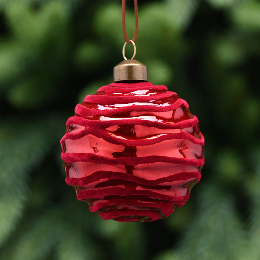 Flocked Stripe Red Glass Bauble - C Red Flocked Lines Glass Bauble 8CM Accessories Sterling Home 1
