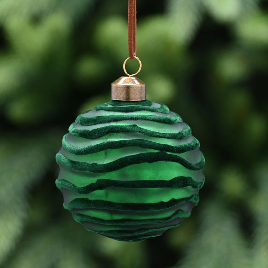 Flocked Horizontal Stripe Green Glass Bauble - C Green Flocked Horizontal Glass Bauble 8CM Accessories Sterling Home 1