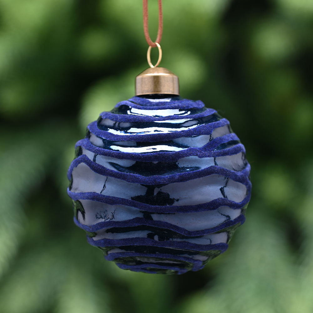Flocked Horizontal Stripe Blue Glass Bauble - L Blue Flocked Horizontal Glass Bauble 8CM Accessories Sterling Home 1