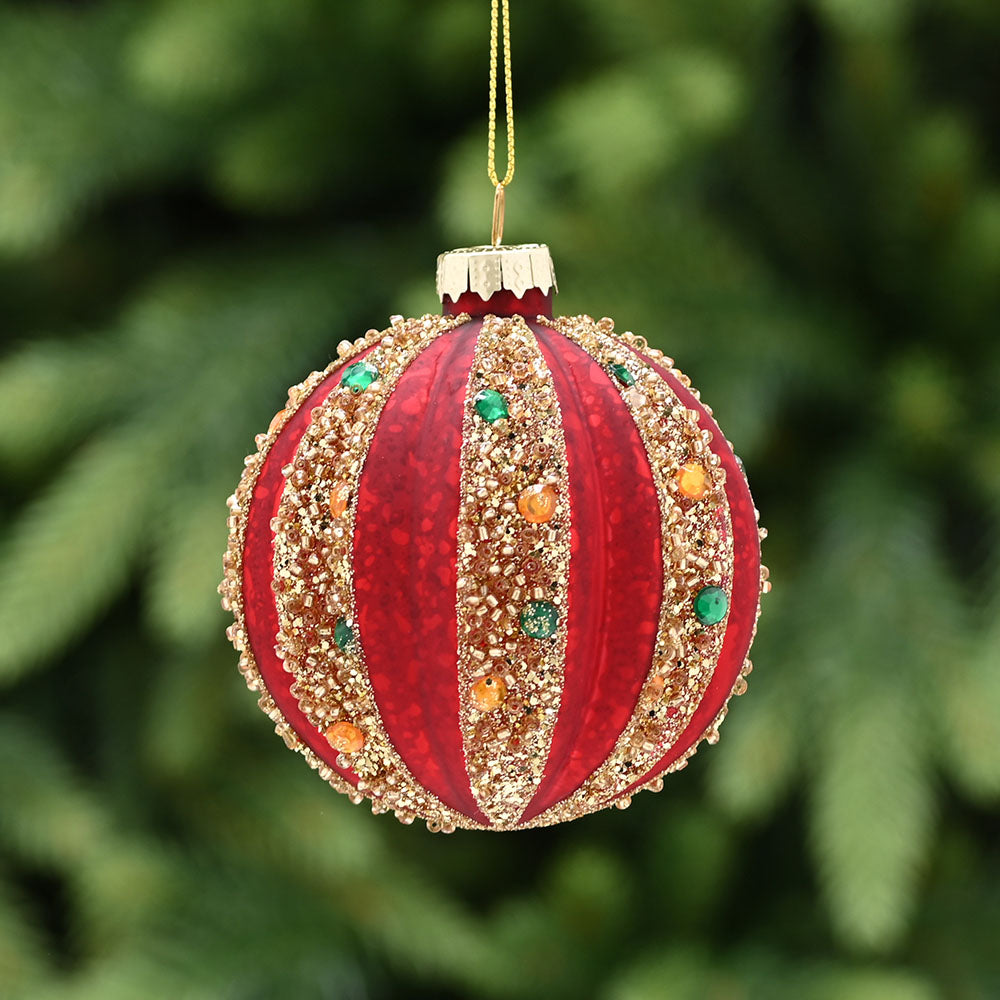 Glitter Striped Red & Gold Glass Bauble - C Red Gold Glitter Stripes Glass Bauble 8CM Accessories Sterling Home 1