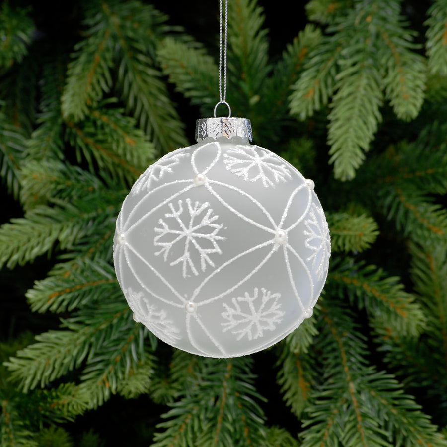 Snowflake Frosted White Glass Bauble - L Frost Glass Bauble Snowflake 10CM Accessories Sterling Home 1