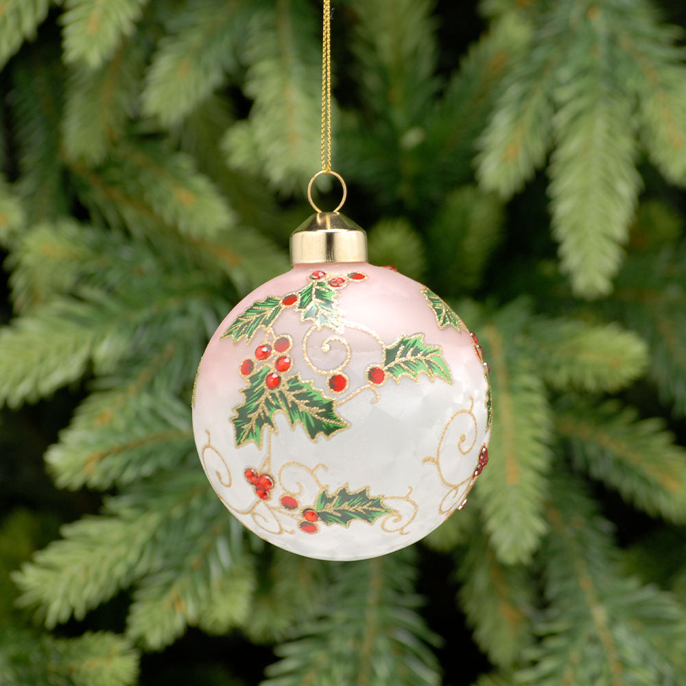 Holy White Glass Bauble - C White Holly Design Glass Bauble 8CM Accessories Sterling Home 1