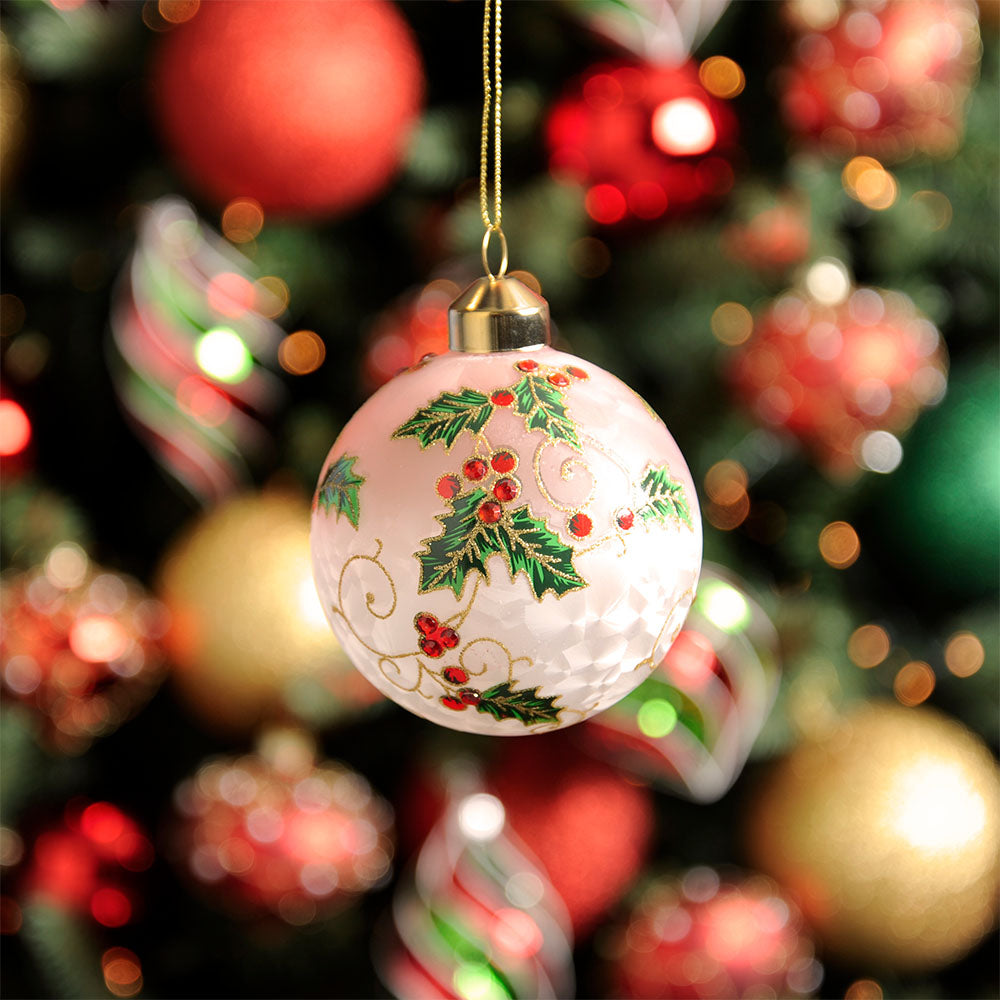 Holy White Glass Bauble - C White Holly Design Glass Bauble 8CM Accessories Sterling Home 2