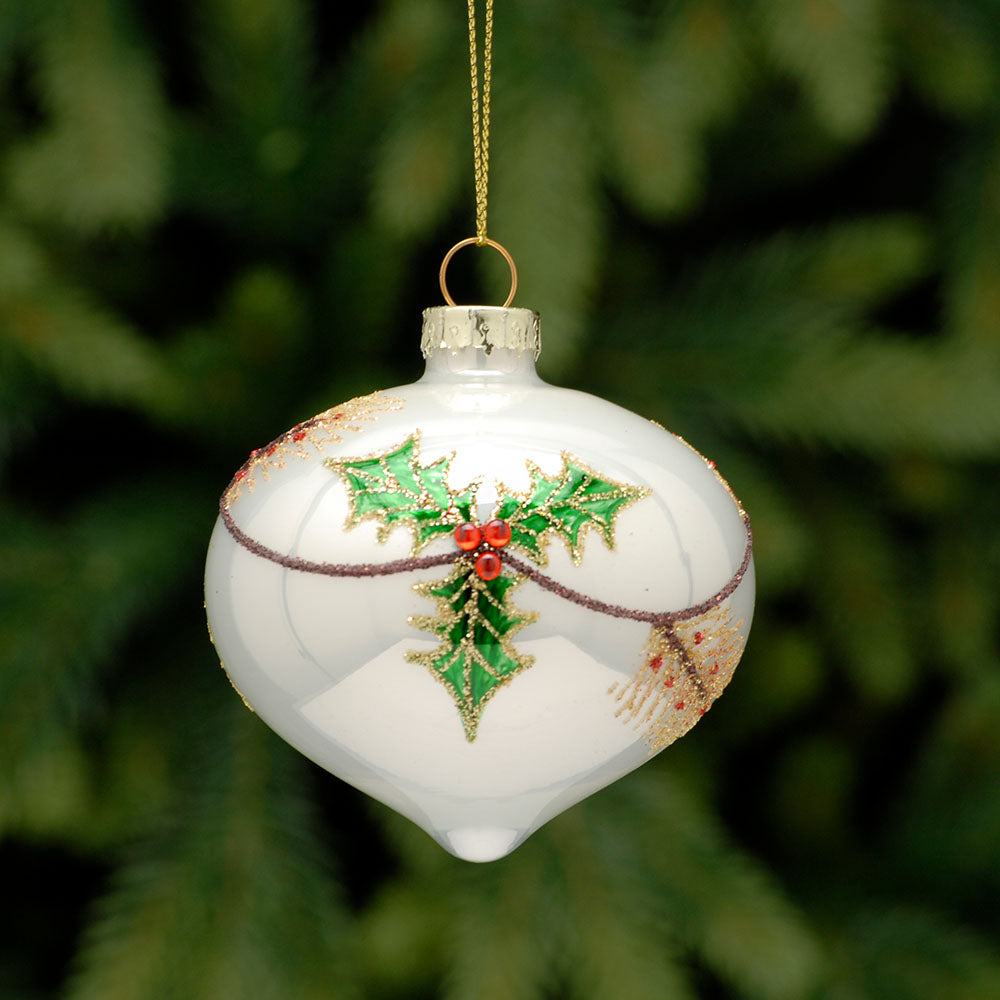 Holy White Onion Glass Bauble - C White Holly Design Onion Bauble 8CM Accessories Sterling Home 1
