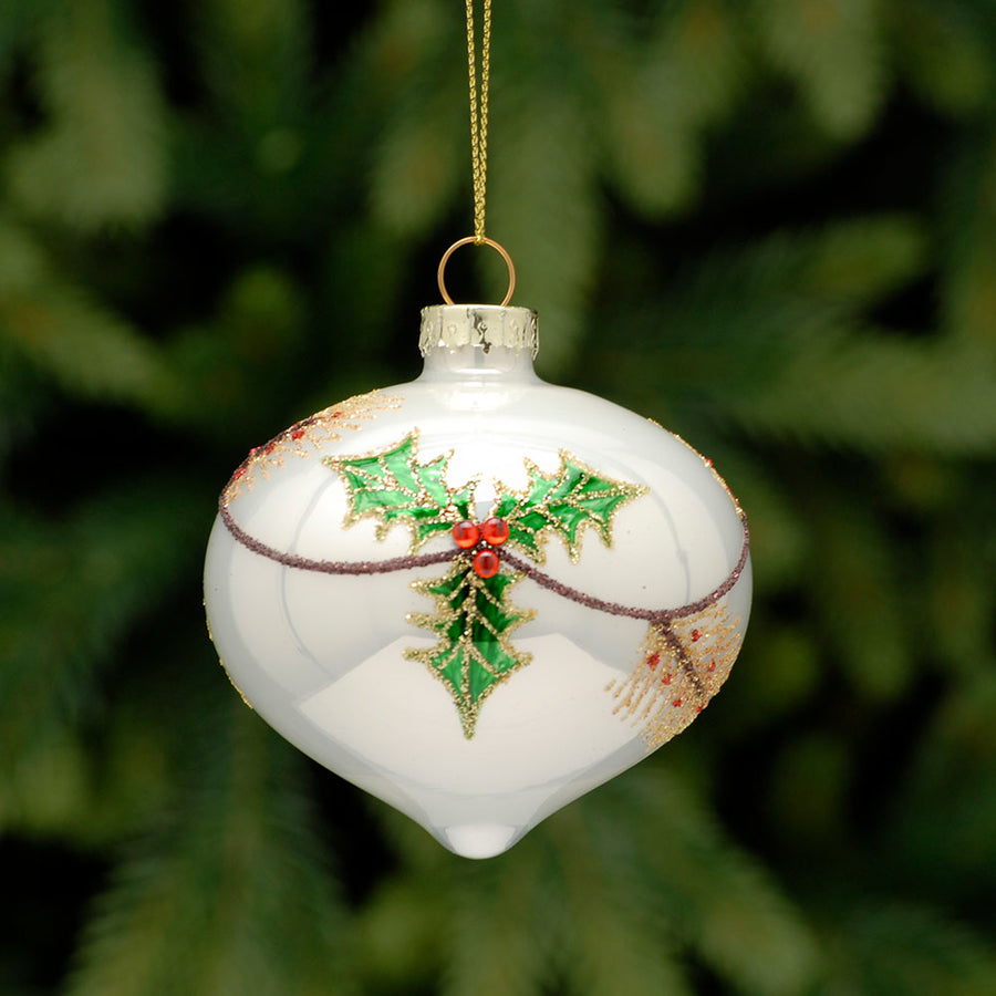Holy White Onion Glass Bauble - C White Holly Design Onion Bauble 8CM Accessories Sterling Home 1