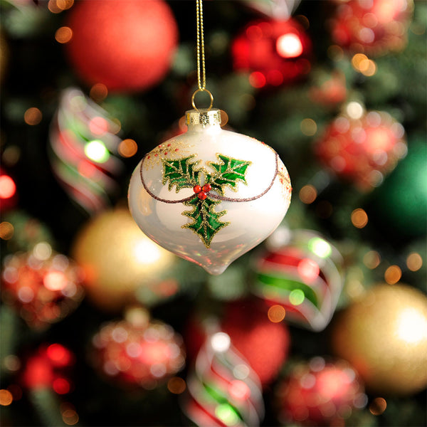 Holy White Onion Glass Bauble - C White Holly Design Onion Bauble 8CM Accessories Sterling Home 2