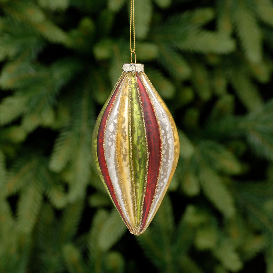 Large Striped Gold, Red & Green Olive Glass Bauble - C Gold Red Green Stripe Glass Olive Bauble 13CM Accessories Sterling Home 1