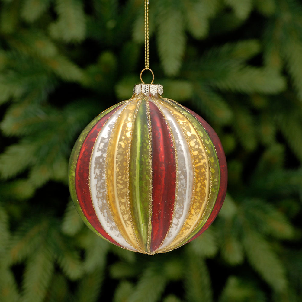 Small Striped Gold, Red & Green Glass Bauble - C Gold Red Green Stripe Glass Bauble 10CM Accessories Sterling Home 1