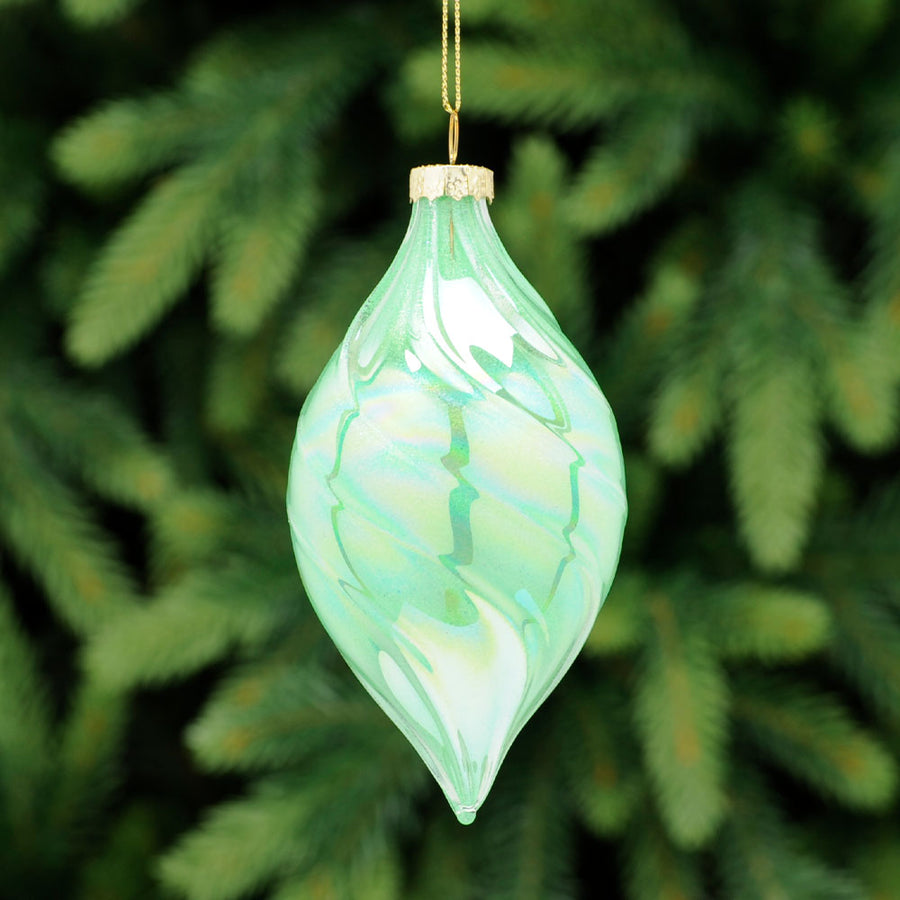 Ripple Iridescent Olive Glass Bauble - S Green Irides Ripple Glass Olive Bauble 12CM Accessories Sterling Home 1