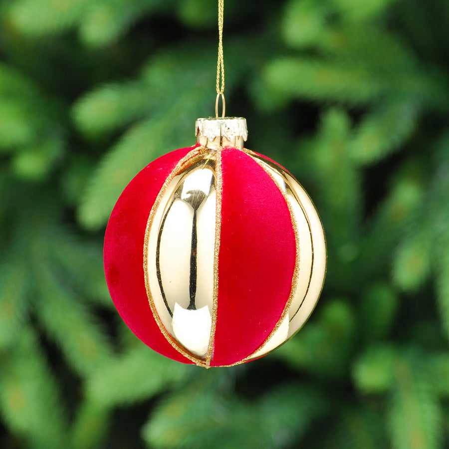 Flocked Segment Red & Gold Glass Bauble - C Flocked Red Gold Segment Glass Bauble 8CM Accessories Sterling Home 1