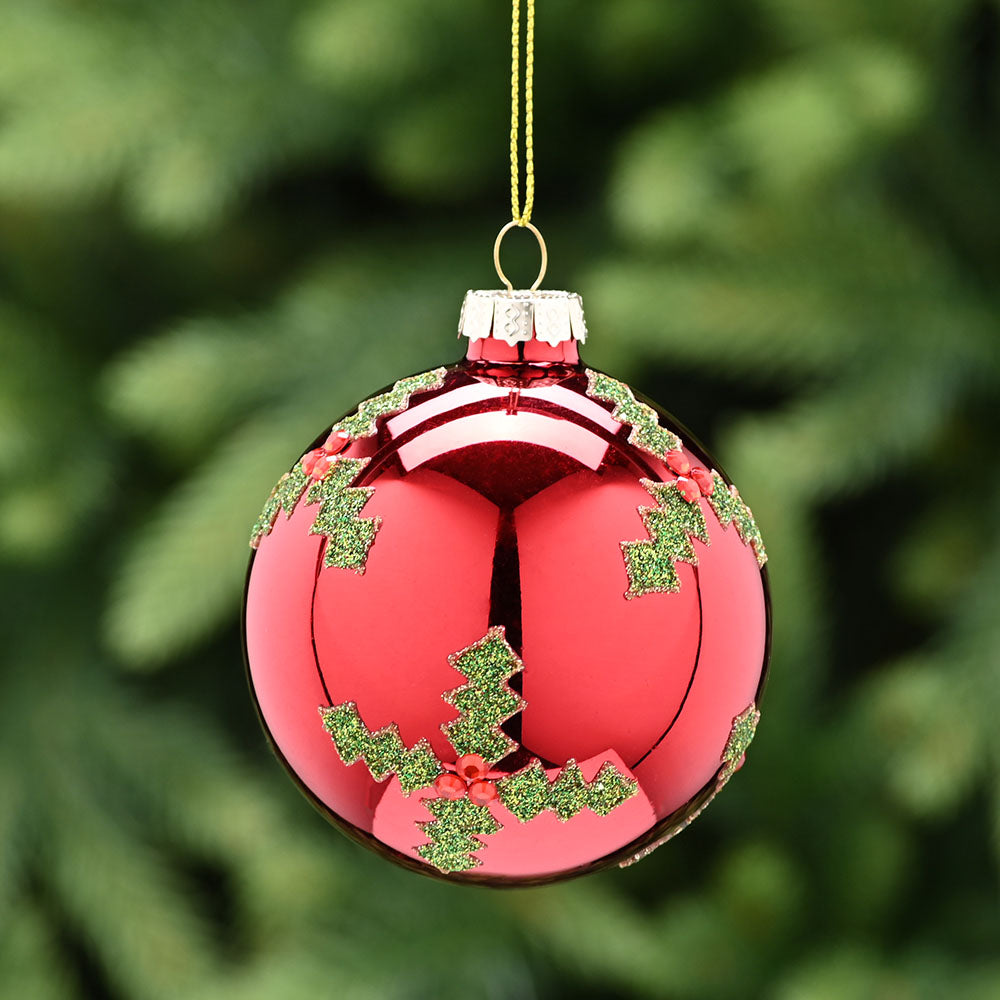 Holy Shiny Red Glass Bauble - C Shiny Red Glass Ball With Holly 8CM Accessories Sterling Home 1
