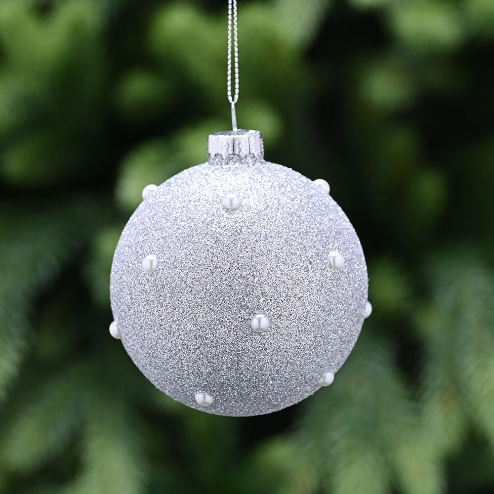Pearl Beads & Silver Glass Bauble - L Silver Glass Bauble Pearl Beads 8CM Accessories Sterling Home 1