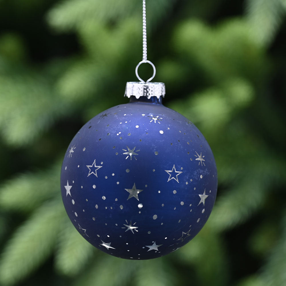 Stars Blue & Silver Glass Bauble - L Midnight Blue Silver Stars Glass Bauble 8CM Accessories Sterling Home 1