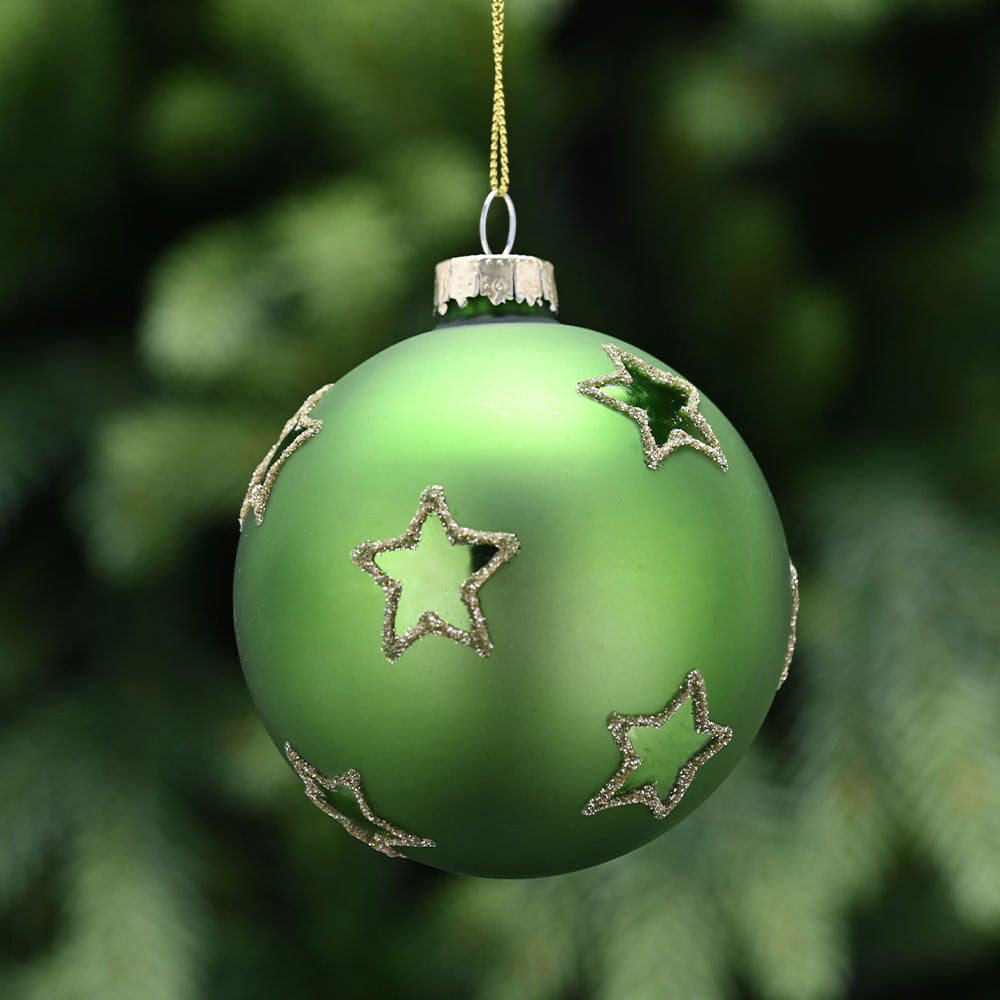Stars Green & Gold Glass Bauble - C Matt Green Gold Stars Glass Bauble 8CM Accessories Sterling Home 1
